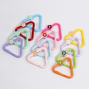Colorful triangle spring ring keychains with small flower charms in macaron assorted colors