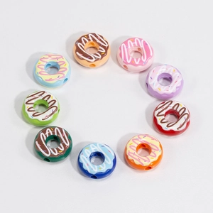Set of 9 colorful acrylic donut beads with frosting patterns for DIY jewelry making