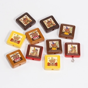 Retro square bear printed beads with holes for DIY jewelry and phone chain accessories