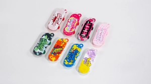 Set of 8 colorful acrylic mini skateboard pendants with street graffiti style designs