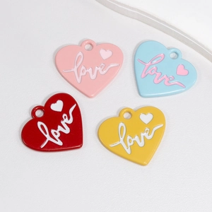 Colorful alloy heart pendants with Love lettering in pink, blue, red and yellow