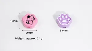 Macro detail of 20mm cat paw beads in pink and purple for DIY jewelry making