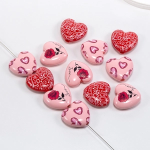 Acrylic heart beads with rose and Love prints for DIY jewelry making and crafts