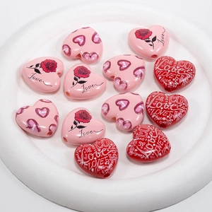 DIY heart acrylic beads with floral print and Love text for jewelry making and keychains
