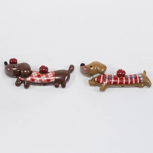 Cartoon acrylic dachshund figurines in red plaid and striped outfits for DIY accessories