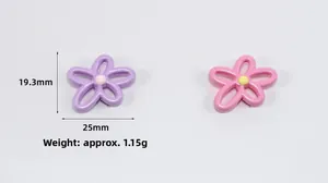 Detailed view showing 25mm hollow flower pendants in purple and pink resin colors