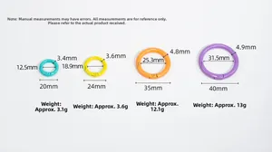 Size chart showing colorful alloy spring gate rings with detailed dimensions and weight data