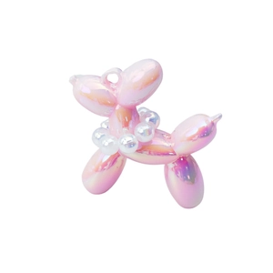 Pink holographic balloon dog pendant charm with pearl collar and metallic rainbow finish