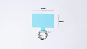 Detail showing light blue phone lanyard connector pad with silver metal ring and dimensions
