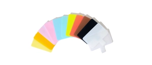 Detailed view of T-shaped phone lanyard connector pads in eleven various colors