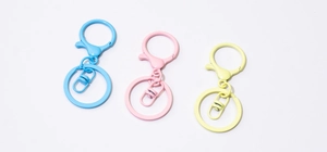 Détails de mousquetons et porte-clés aux couleurs acidulées bleu ciel, rose et jaune citron