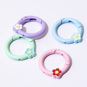 Colorful macaron spring rings with flower charms for DIY keychain making and craft accessories