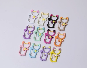Set of 12 colorful cat-shaped metal spring rings with painted finish for DIY keychains