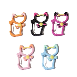 Five colorful cat-shaped spring ring carabiners with bow details in painted alloy