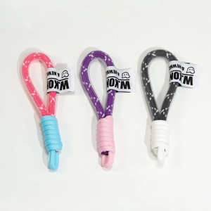 Handmade woven mesh keychain lanyard set in pink, purple and black with animal branding