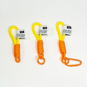 Handmade woven backpack keychain strap with yellow nylon cord and orange metal carabiner