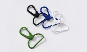 Detail of colorful alloy spring ring buckles and D-ring swivel clasps for DIY keychains
