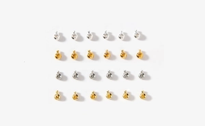 Detailed grid of 18K gold and silver plated crimp beads and round jewelry end clasps