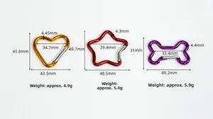 Detail view of heart star and bone carabiners with measurements and weight specs