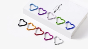 Close-up of heart-shaped carabiner keyrings in ten vibrant colors for DIY accessories