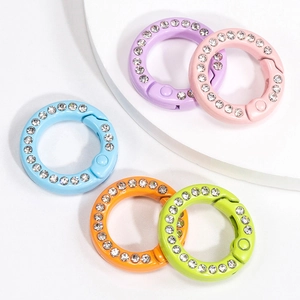 Alloy Rhinestone Round Spring Clasp Candy Color Pave DIY Keychain Ring Bag Hanging Buckle Jewelry Findings Accessories