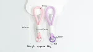 Detail showing pink and purple handwoven lanyards with dimensions and metal hooks
