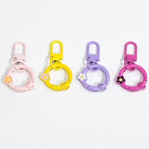 Colorful floral metal spring ring keychain hooks set in pink, yellow and purple hues