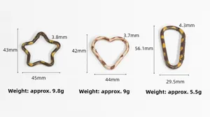 Leopard print carabiner hooks in star, heart and D-shape with detailed measurements