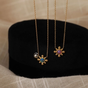 Luxurious 18K gold plated sunflower necklace with sparkling blue and purple opal stones