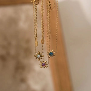 Luxurious 18K gold-plated sunflower necklaces with colorful opal stones in stainless steel