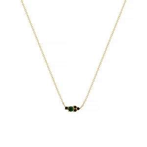 Detail of 18k gold plated necklace with clustered green emerald and black gemstones