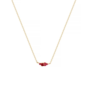 Close-up of gold titanium necklace with a cluster of five deep red round gemstones