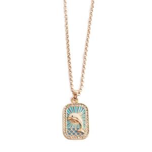 Goldene Tarot-Halskette mit blauem Emaille-Rechteck-Anhänger und weißem Delfin-Motiv