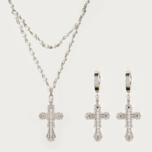 Gotische kruis ketting set met schelpparels en zirkonia in barok zilveren stijl