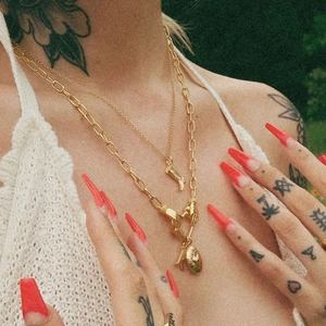 Two-layer gold plated punk necklace set featuring handshake link and vintage pendants
