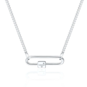 Detail of silver carabiner clasp with star engraving on thick Cuban link chain