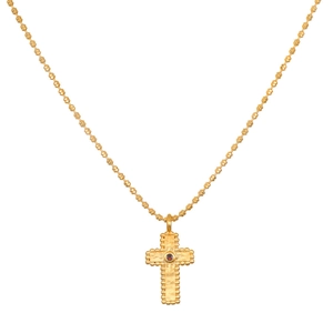 Gouden kruis ketting met rode edelsteen en vintage kralenrand aan een klassieke bolletjesketting