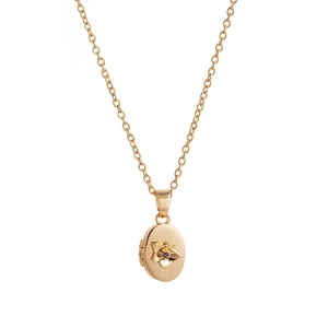 Collar de relicario dorado vintage con colgante de flor ovalada y piedra natal púrpura