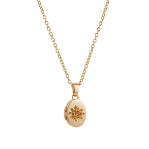 Colgante relicario ovalado vintage dorado con relieve floral y gema roja para regalo de madre