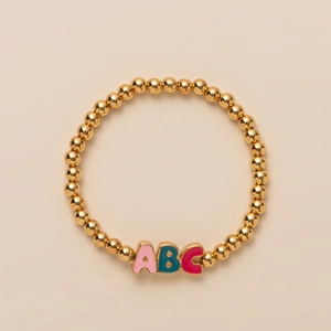 Cute golden beaded stretch bracelet with colorful ABC enamel alphabet letter charms