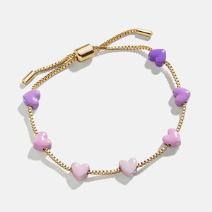 Pulsera dorada de cadena de caja con siete corazones degradados violetas y cierre ajustable