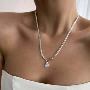 Silver pear cut zircon pendant necklace with flat snake chain for women elegant style