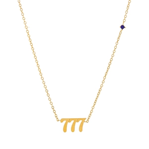 Titanstahl Glückszahl 777 Halskette in Gold mit blauem Edelstein für Damen