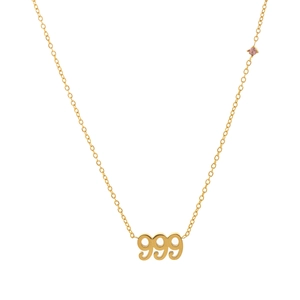 Goldene Titanstahl-Halskette mit 999-Nummernanhänger und kleinem rosa Edelstein