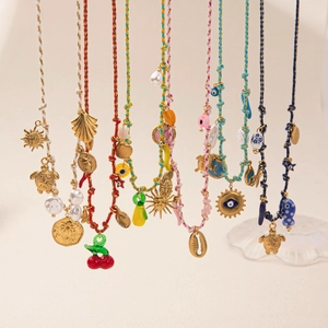 Bohemian Multi-Pendant Necklace Stainless Steel Shell Faux Pearl Ceramic Turtle Sea Theme Braided Rope Jewelry Women Gift