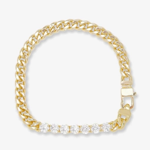 Close-up of gold titanium Cuban chain bracelet featuring seven prong-set zircon stones