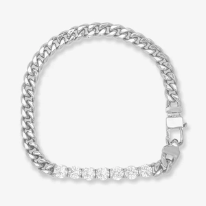 Detail view of silver Cuban and tennis chain bracelet featuring seven round gemstones