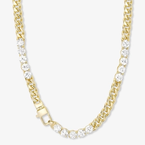 Detail of hybrid gold Cuban and tennis chain necklace with pavé set cubic zirconia