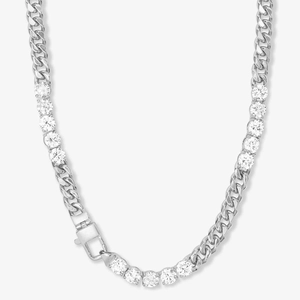 Detail of a hip-hop Cuban link chain necklace with sparkling zircon pavé in silver tone