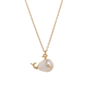 Baroque pearl whale pendant necklace with gold plated metal finish in ocean world style